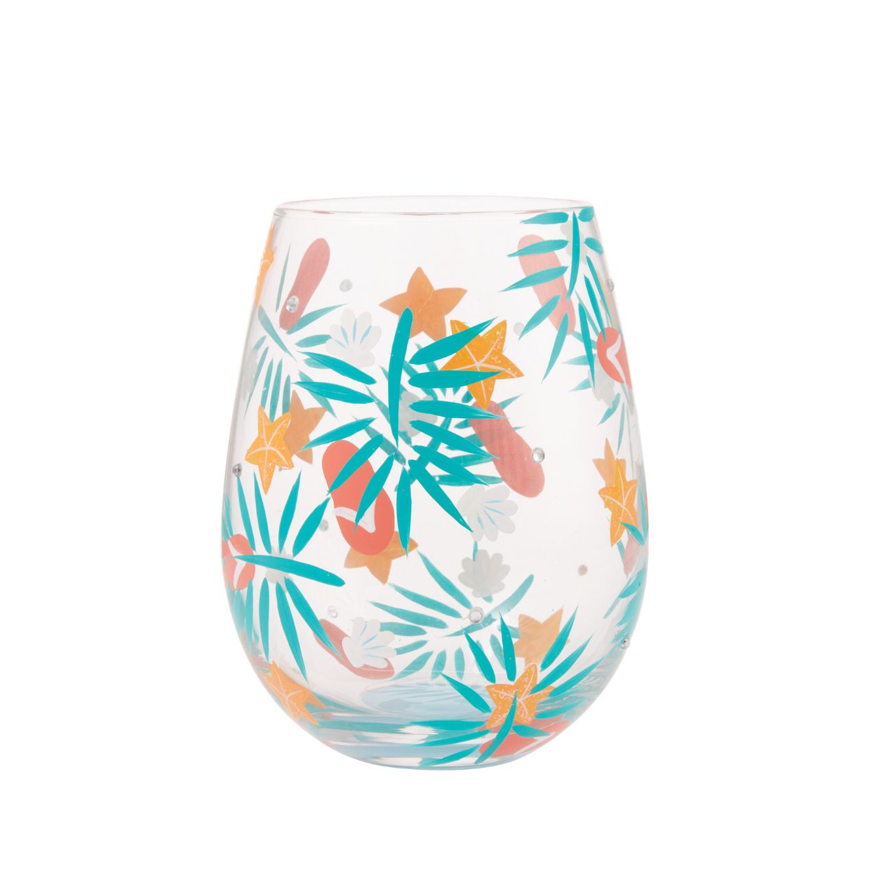 Stroll in the sand, splash through the water and lay back on your sunbed as you enjoy your favourite drinks from the Beachful Bliss Stemless Glass by Lolita. Hand-painted golden starfish, stylised palm leaves, delicate seashells and coral flip flops dance around the bowl of the glass in a symphony of summertime motifs.