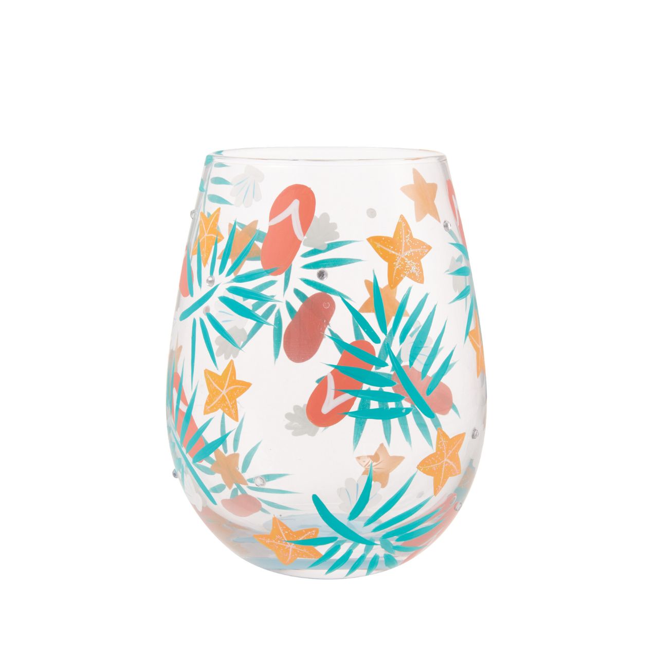 Stroll in the sand, splash through the water and lay back on your sunbed as you enjoy your favourite drinks from the Beachful Bliss Stemless Glass by Lolita. Hand-painted golden starfish, stylised palm leaves, delicate seashells and coral flip flops dance around the bowl of the glass in a symphony of summertime motifs.