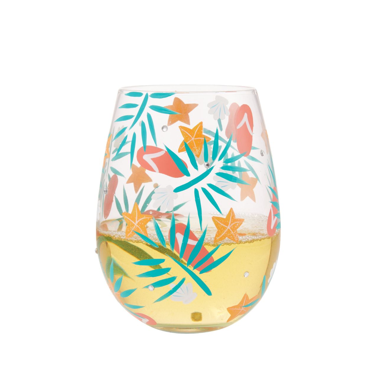 Stroll in the sand, splash through the water and lay back on your sunbed as you enjoy your favourite drinks from the Beachful Bliss Stemless Glass by Lolita. Hand-painted golden starfish, stylised palm leaves, delicate seashells and coral flip flops dance around the bowl of the glass in a symphony of summertime motifs.