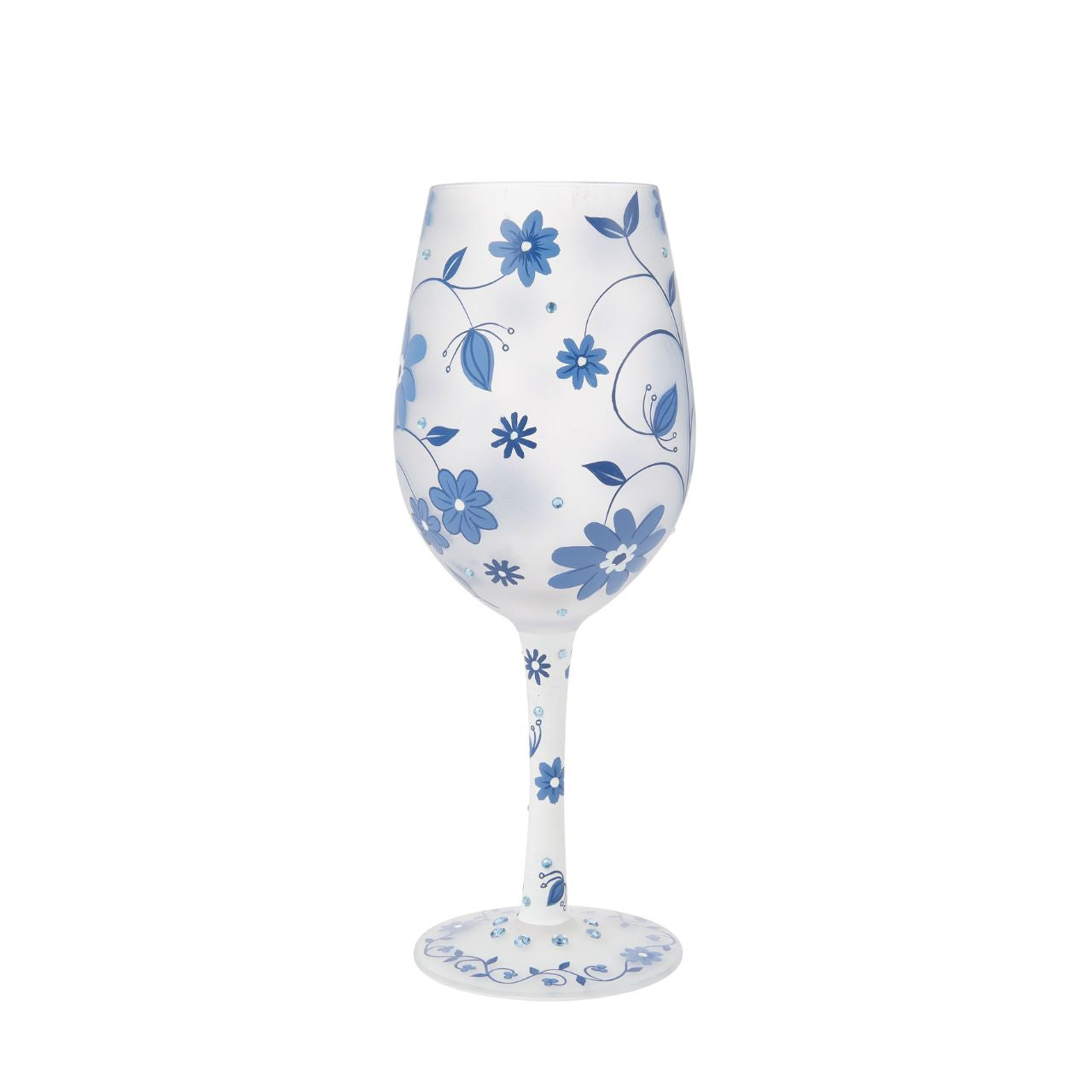 This gorgeous Chinoiserie cup from Lolita Designs features hand-painted flowers on frosted glass. With inlaid crystal details, this beautiful blue wine glass honors the exotic and luxurious style of beloved 19th century Chinoiserie decor.
