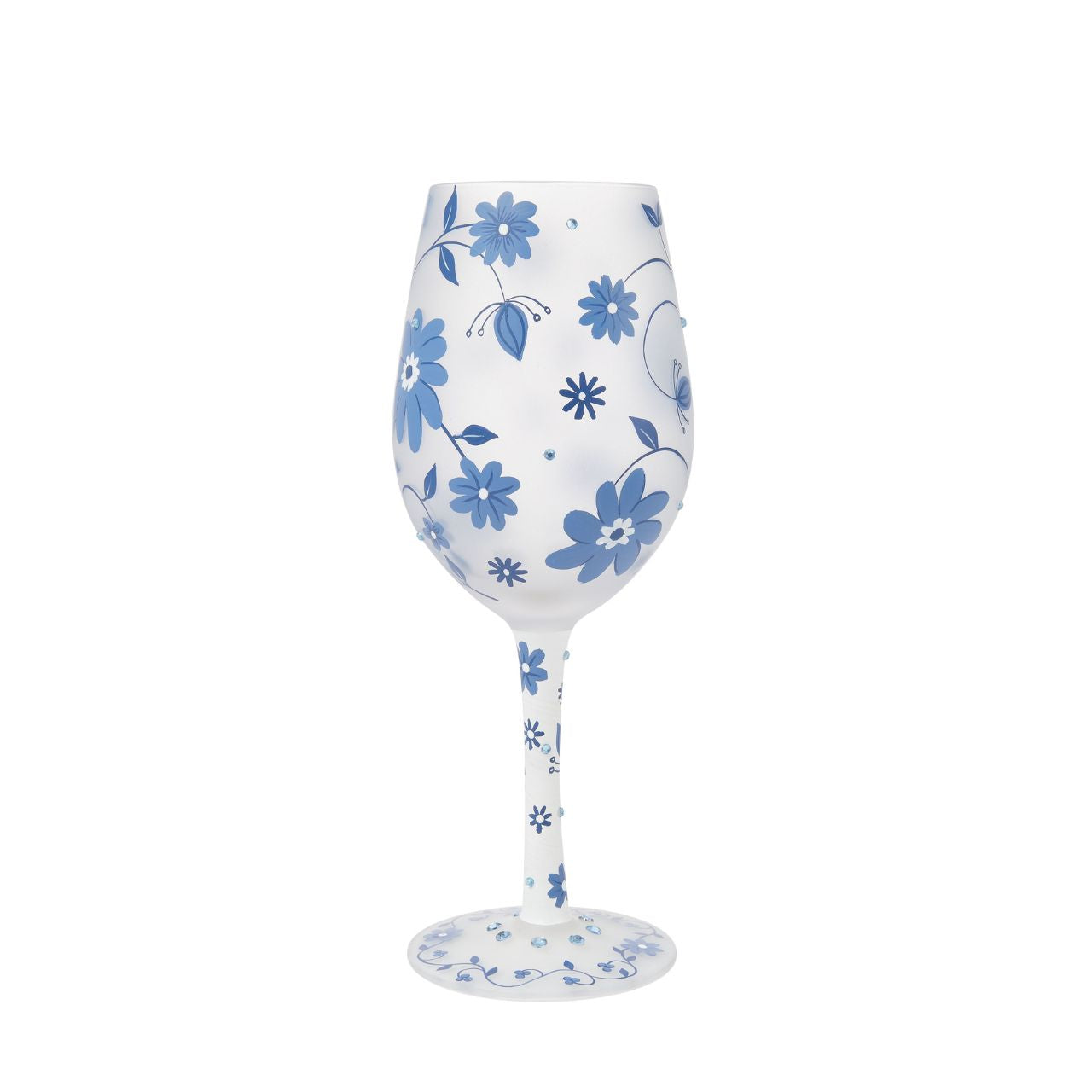 This gorgeous Chinoiserie cup from Lolita Designs features hand-painted flowers on frosted glass. With inlaid crystal details, this beautiful blue wine glass honors the exotic and luxurious style of beloved 19th century Chinoiserie decor.