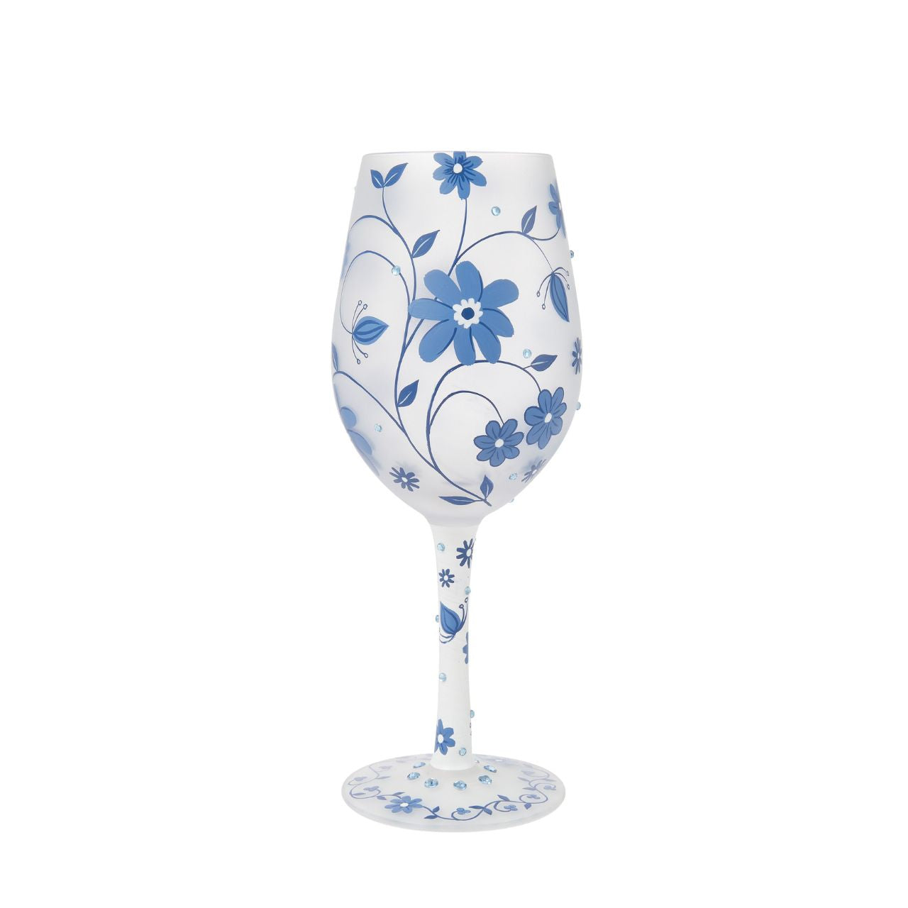 This gorgeous Chinoiserie cup from Lolita Designs features hand-painted flowers on frosted glass. With inlaid crystal details, this beautiful blue wine glass honors the exotic and luxurious style of beloved 19th century Chinoiserie decor.