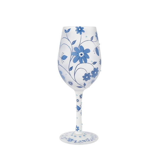 This gorgeous Chinoiserie cup from Lolita Designs features hand-painted flowers on frosted glass. With inlaid crystal details, this beautiful blue wine glass honors the exotic and luxurious style of beloved 19th century Chinoiserie decor.