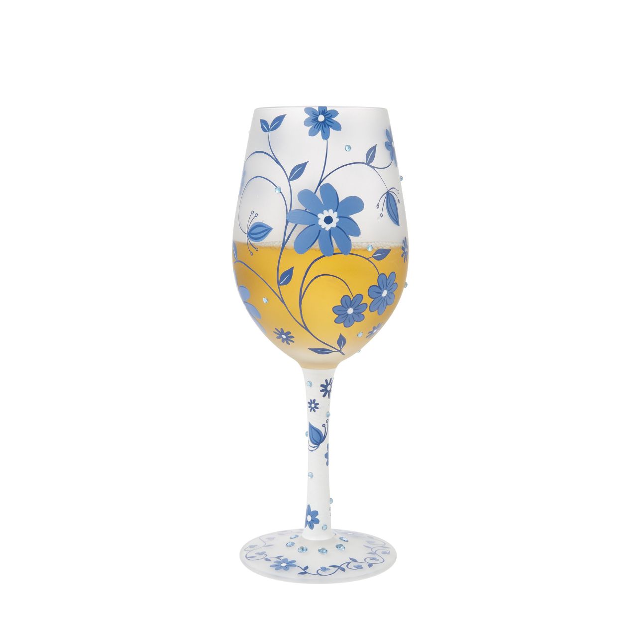 This gorgeous Chinoiserie cup from Lolita Designs features hand-painted flowers on frosted glass. With inlaid crystal details, this beautiful blue wine glass honors the exotic and luxurious style of beloved 19th century Chinoiserie decor.