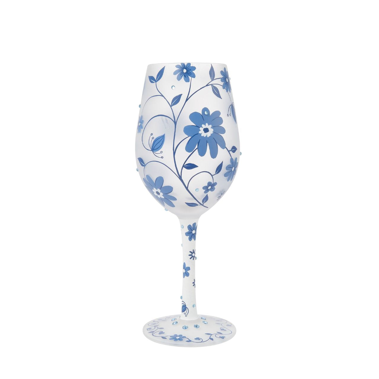 This gorgeous Chinoiserie cup from Lolita Designs features hand-painted flowers on frosted glass. With inlaid crystal details, this beautiful blue wine glass honors the exotic and luxurious style of beloved 19th century Chinoiserie decor.