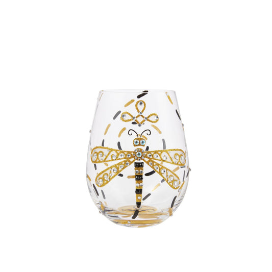 This gorgeous stemless wine glass from Lolita features a hand-painted dragonfly in black and gold. With inlaid crystal patterning, the stylish creature inspires elegance and calm. A symbol sparkles from the bottom of the glass and demands a refill.