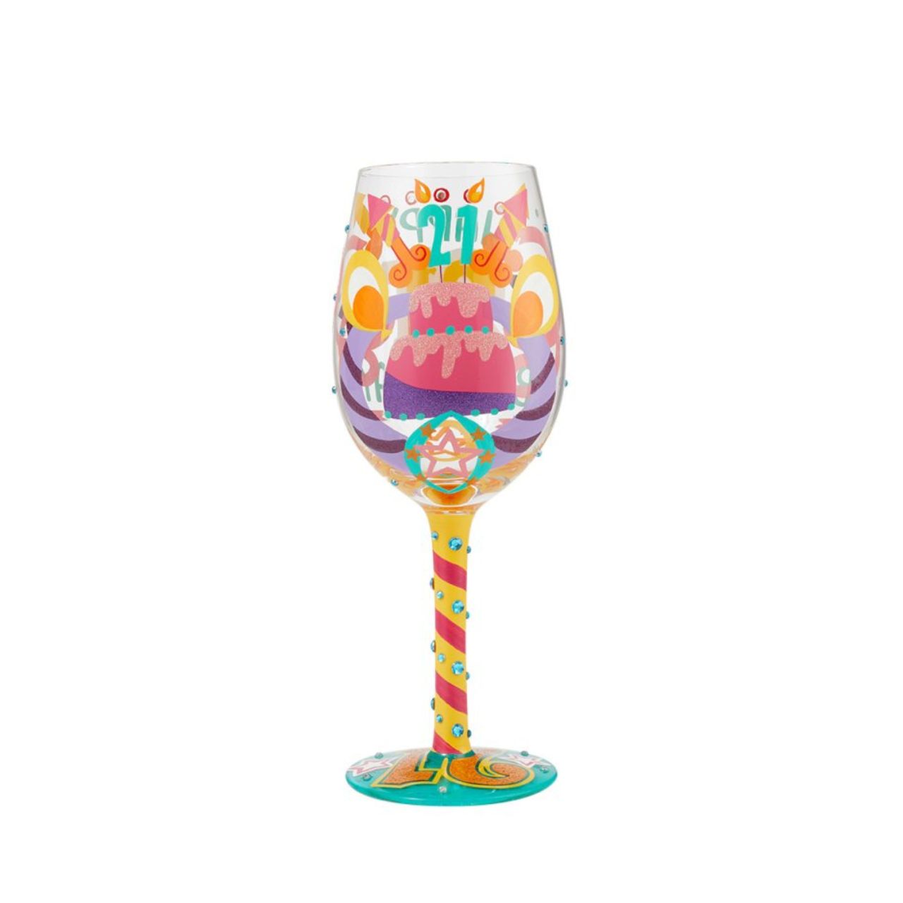 Give a girl a 21st birthday they will not forget with this bright, funky and unique wine glass. Cheers to the birthday girl in style. The glass is covered in embellishments and bright colours to give them the day they deserve.