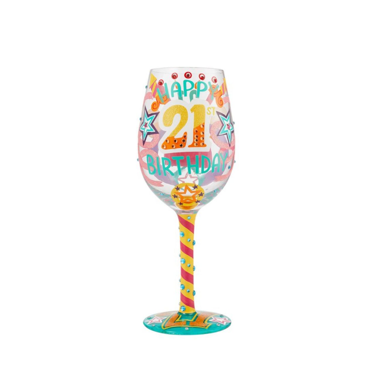 Give a girl a 21st birthday they will not forget with this bright, funky and unique wine glass. Cheers to the birthday girl in style. The glass is covered in embellishments and bright colours to give them the day they deserve.