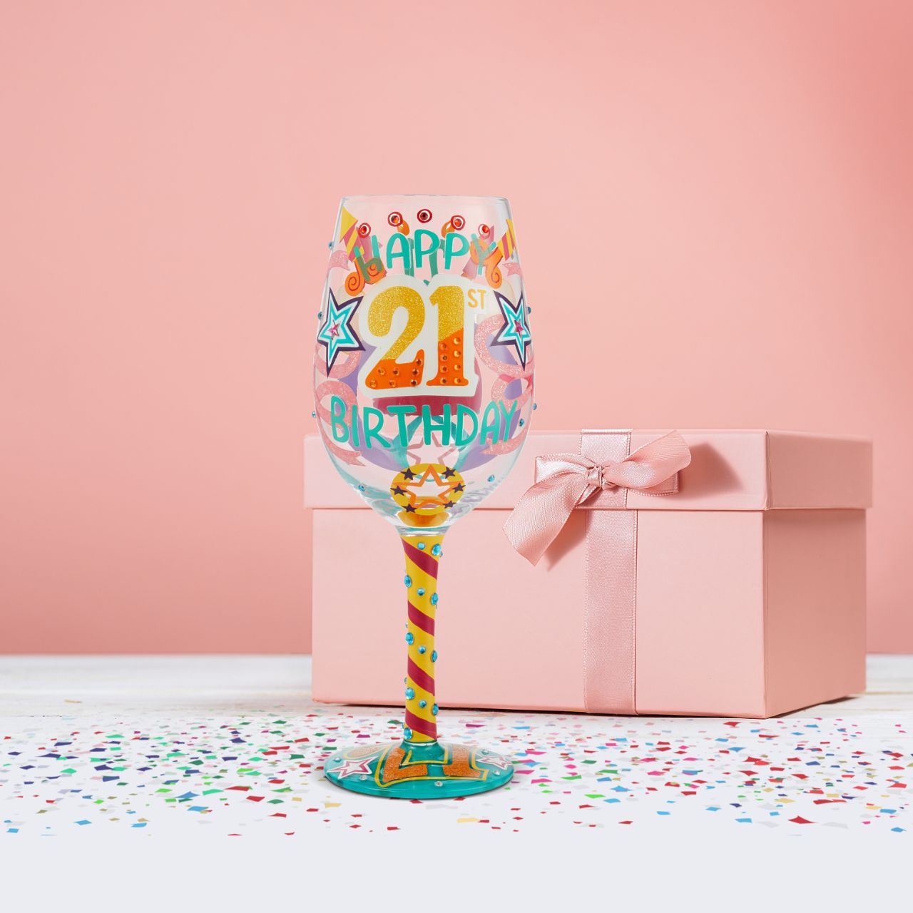 Give a girl a 21st birthday they will not forget with this bright, funky and unique wine glass. Cheers to the birthday girl in style. The glass is covered in embellishments and bright colours to give them the day they deserve.