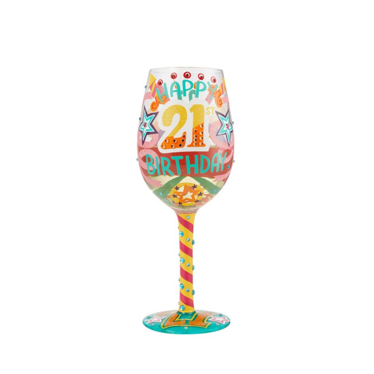 Give a girl a 21st birthday they will not forget with this bright, funky and unique wine glass. Cheers to the birthday girl in style. The glass is covered in embellishments and bright colours to give them the day they deserve.