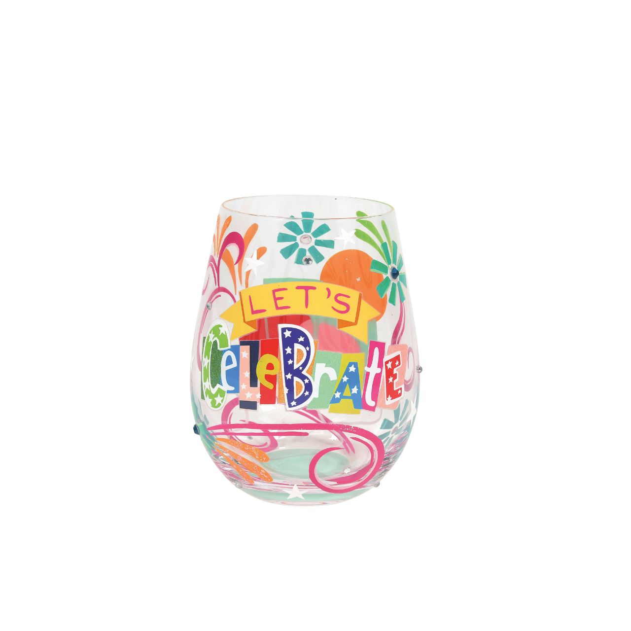 This colourful Let's Celebrate stemless wine glass by Lolita brings the party to your table, whatever you're celebrating. With hand-painted fireworks, stars, swirls, and Lolita's iconic sparkles, this vibrant glass is the perfect way to get the party started.