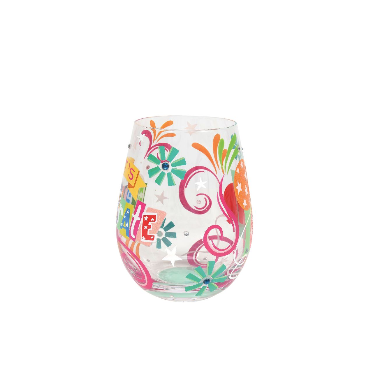 This colourful Let's Celebrate stemless wine glass by Lolita brings the party to your table, whatever you're celebrating. With hand-painted fireworks, stars, swirls, and Lolita's iconic sparkles, this vibrant glass is the perfect way to get the party started.