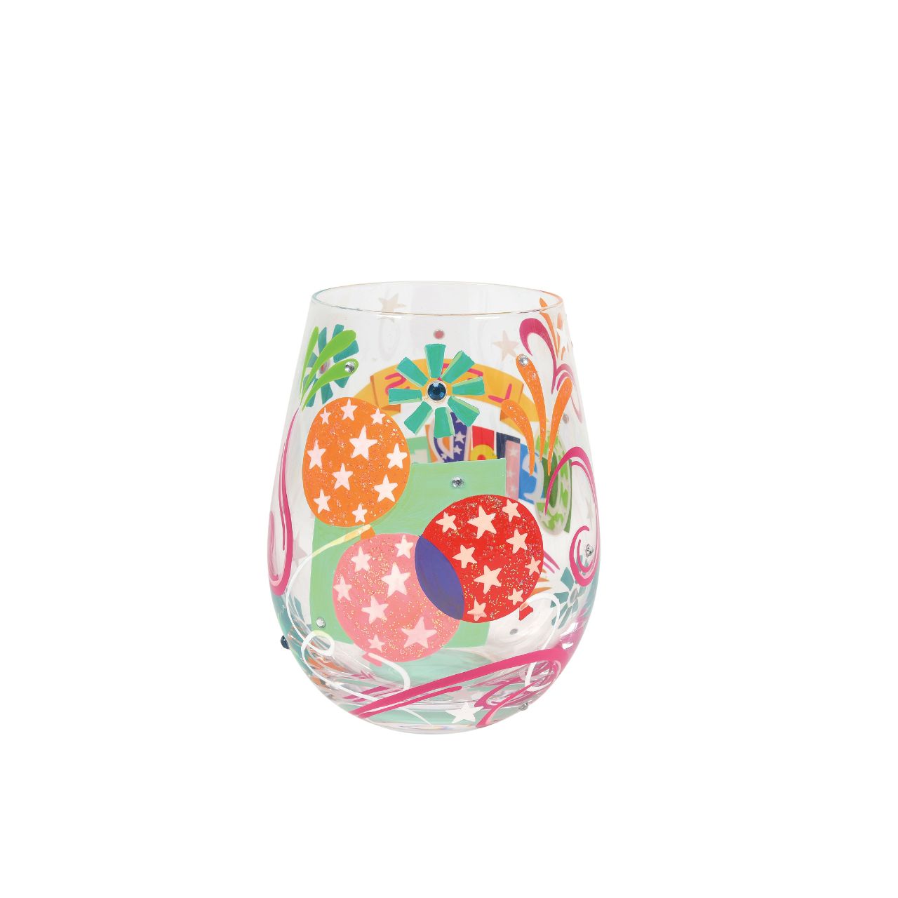 This colourful Let's Celebrate stemless wine glass by Lolita brings the party to your table, whatever you're celebrating. With hand-painted fireworks, stars, swirls, and Lolita's iconic sparkles, this vibrant glass is the perfect way to get the party started.