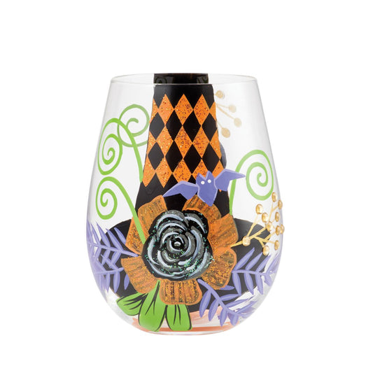 You'll be the talk of the coven when you're serving your creepy concoctions in the My Fancy Witch Hat Stemless Glass by Lolita. The hand-painted design features a witches hat, purple bat and shimmering rose, accentuated of course with Lolita's trademark sparkle.