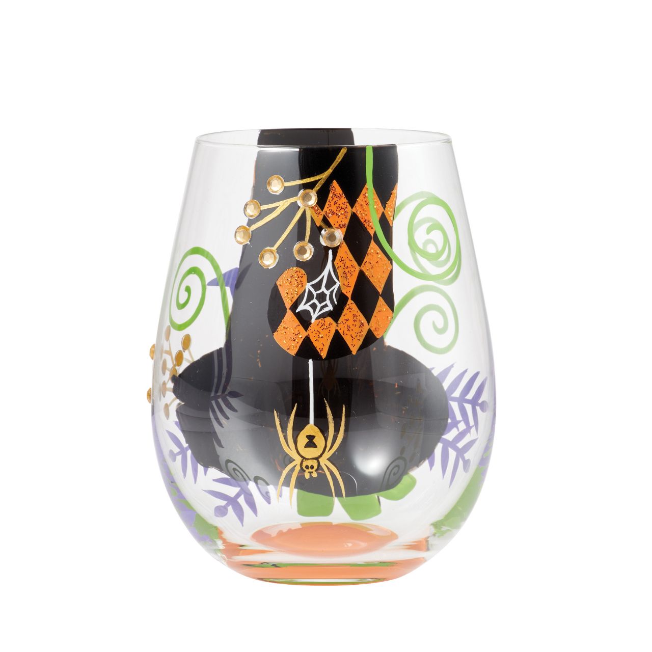 You'll be the talk of the coven when you're serving your creepy concoctions in the My Fancy Witch Hat Stemless Glass by Lolita. The hand-painted design features a witches hat, purple bat and shimmering rose, accentuated of course with Lolita's trademark sparkle.