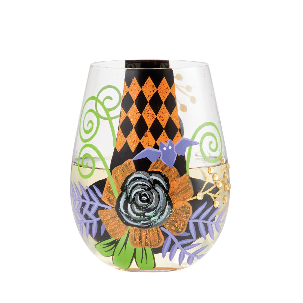 You'll be the talk of the coven when you're serving your creepy concoctions in the My Fancy Witch Hat Stemless Glass by Lolita. The hand-painted design features a witches hat, purple bat and shimmering rose, accentuated of course with Lolita's trademark sparkle.