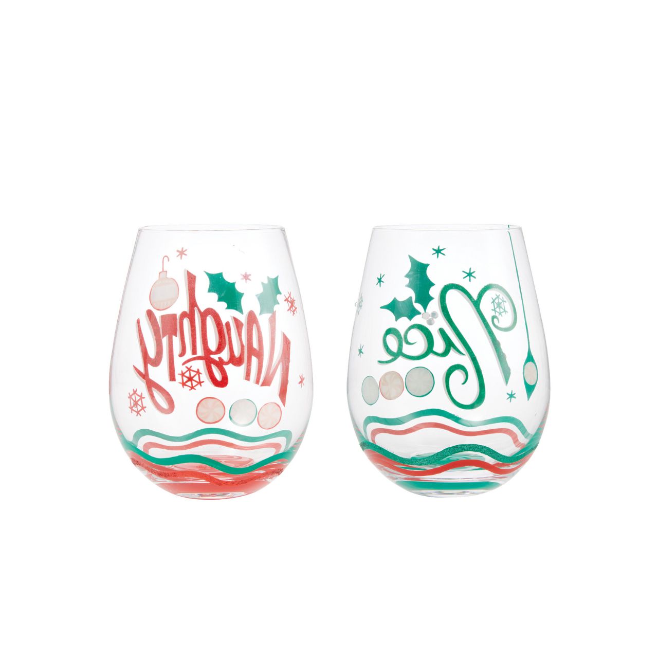 This festive stemless wine glass let's you choose your Christmas attitude. With hand-painted peppermint candies, ornaments, snowflakes, and holly, this two-sided glass places you on both of Santa's lists.