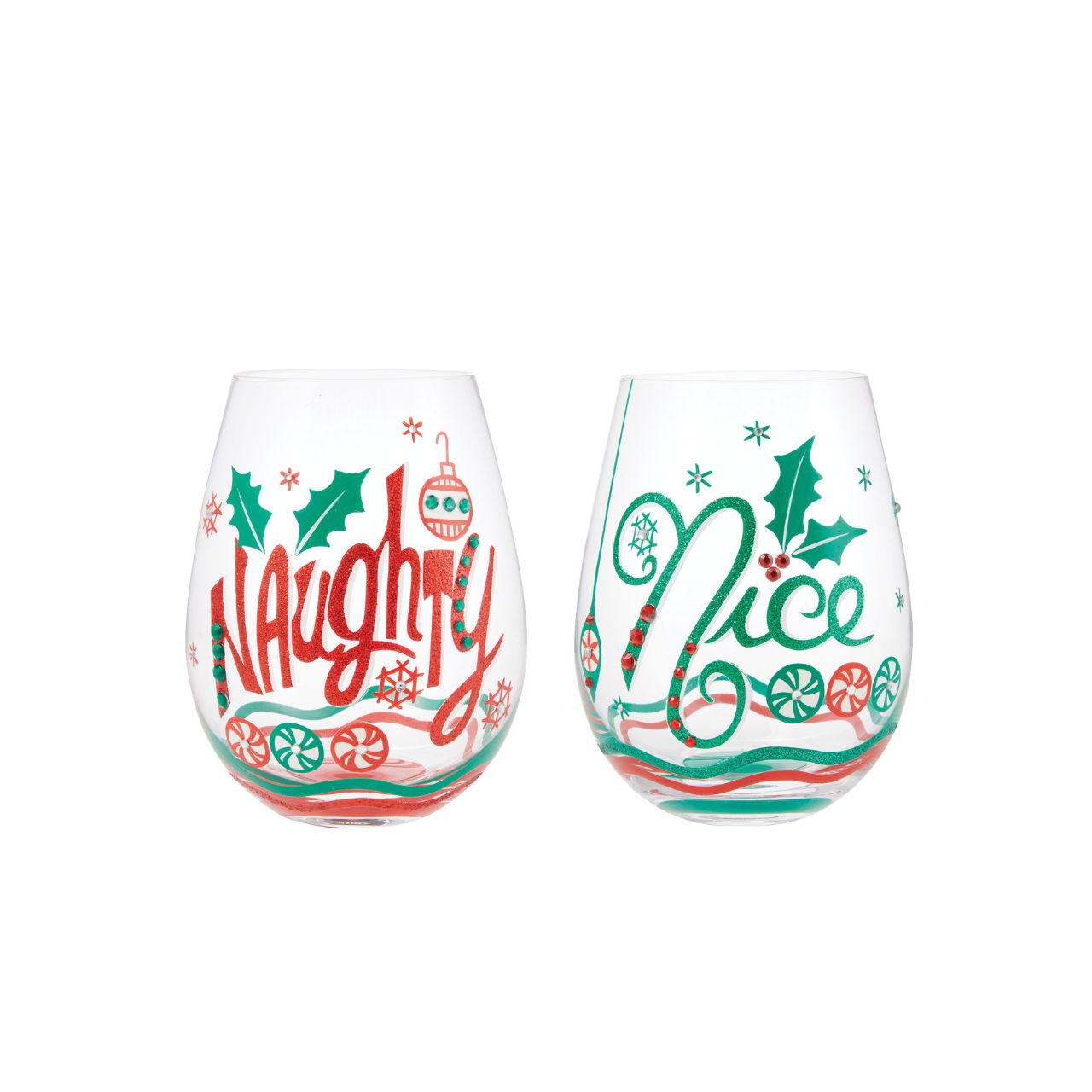 This festive stemless wine glass let's you choose your Christmas attitude. With hand-painted peppermint candies, ornaments, snowflakes, and holly, this two-sided glass places you on both of Santa's lists.