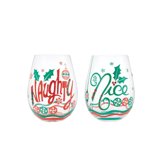 This festive stemless wine glass let's you choose your Christmas attitude. With hand-painted peppermint candies, ornaments, snowflakes, and holly, this two-sided glass places you on both of Santa's lists.