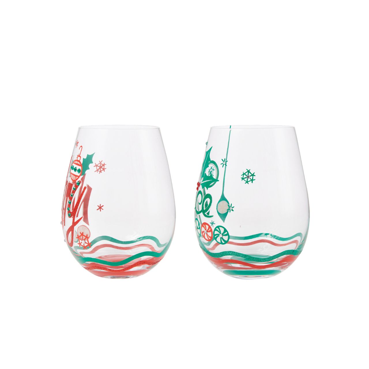 This festive stemless wine glass let's you choose your Christmas attitude. With hand-painted peppermint candies, ornaments, snowflakes, and holly, this two-sided glass places you on both of Santa's lists.