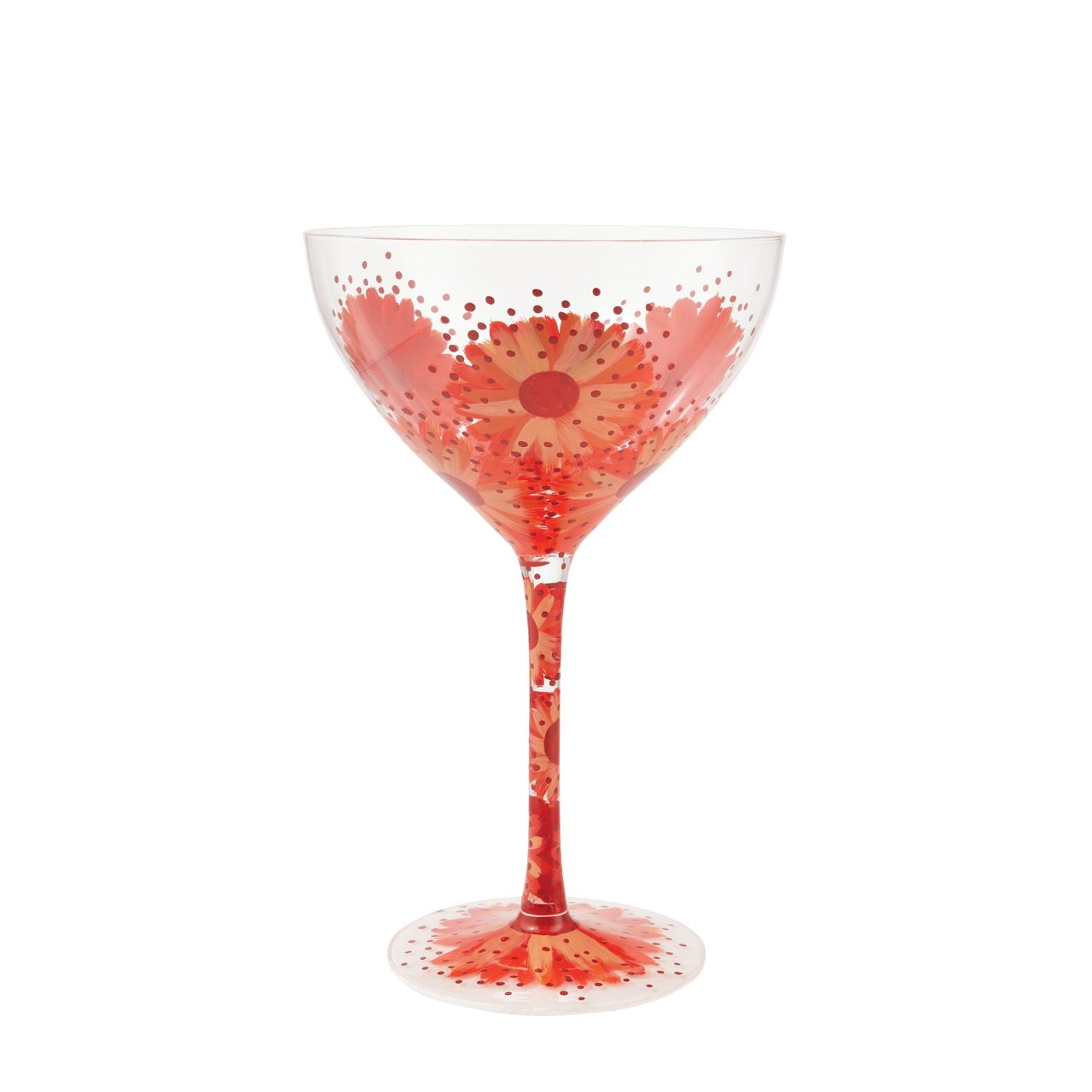 Celebrate Lolita's anniversary with our Negroni Cocktail Glass. A beautiful reminder of how Lolita first started Designs by Lolita with this design. This particular fun design is surrounded speckles or pinks and oranges with florals around the rim to the base, the perfect glass for spring/summer.