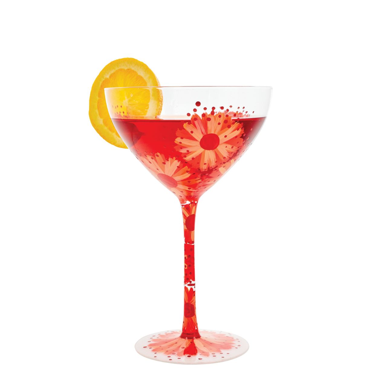 Celebrate Lolita's anniversary with our Negroni Cocktail Glass. A beautiful reminder of how Lolita first started Designs by Lolita with this design. This particular fun design is surrounded speckles or pinks and oranges with florals around the rim to the base, the perfect glass for spring/summer.