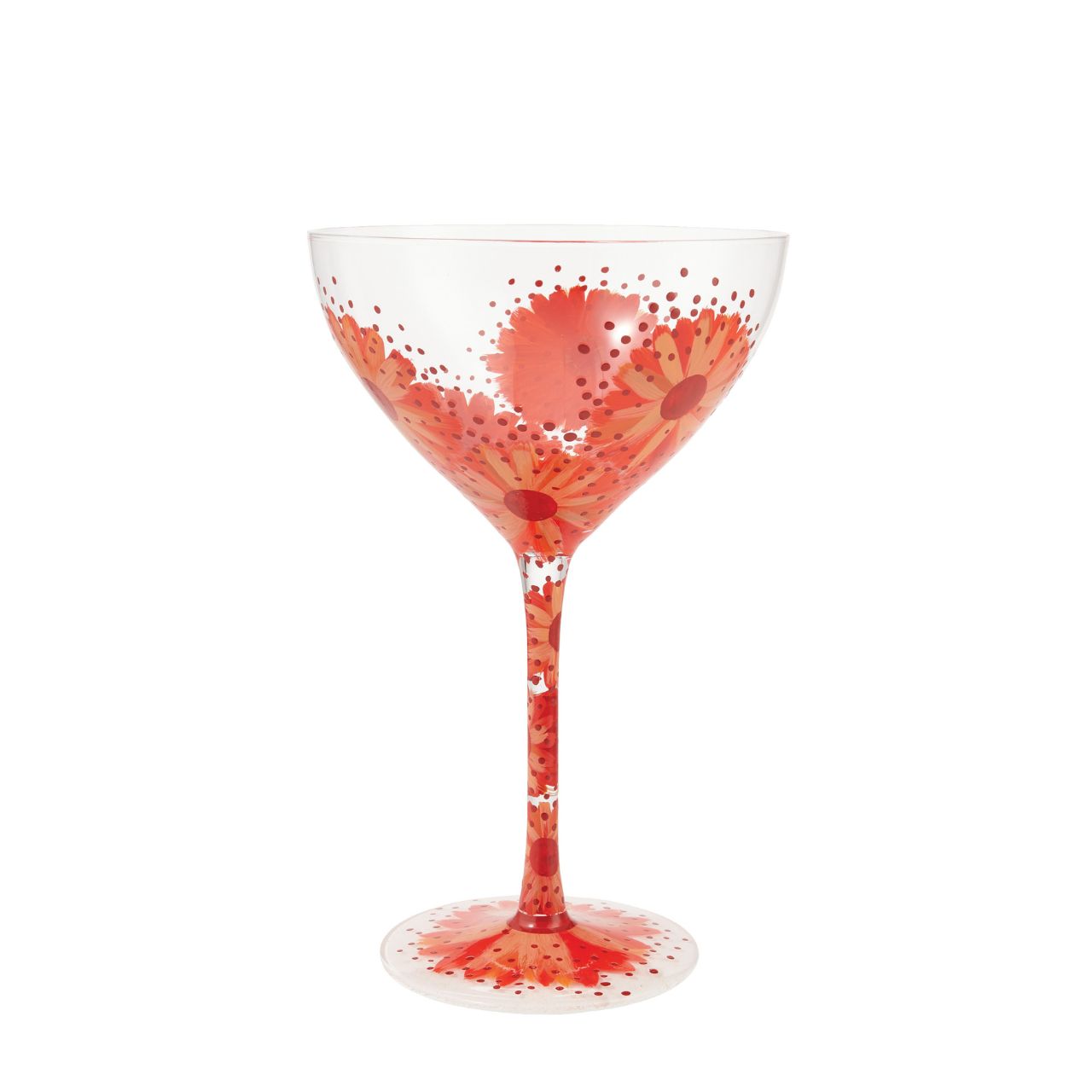 Celebrate Lolita's anniversary with our Negroni Cocktail Glass. A beautiful reminder of how Lolita first started Designs by Lolita with this design. This particular fun design is surrounded speckles or pinks and oranges with florals around the rim to the base, the perfect glass for spring/summer.