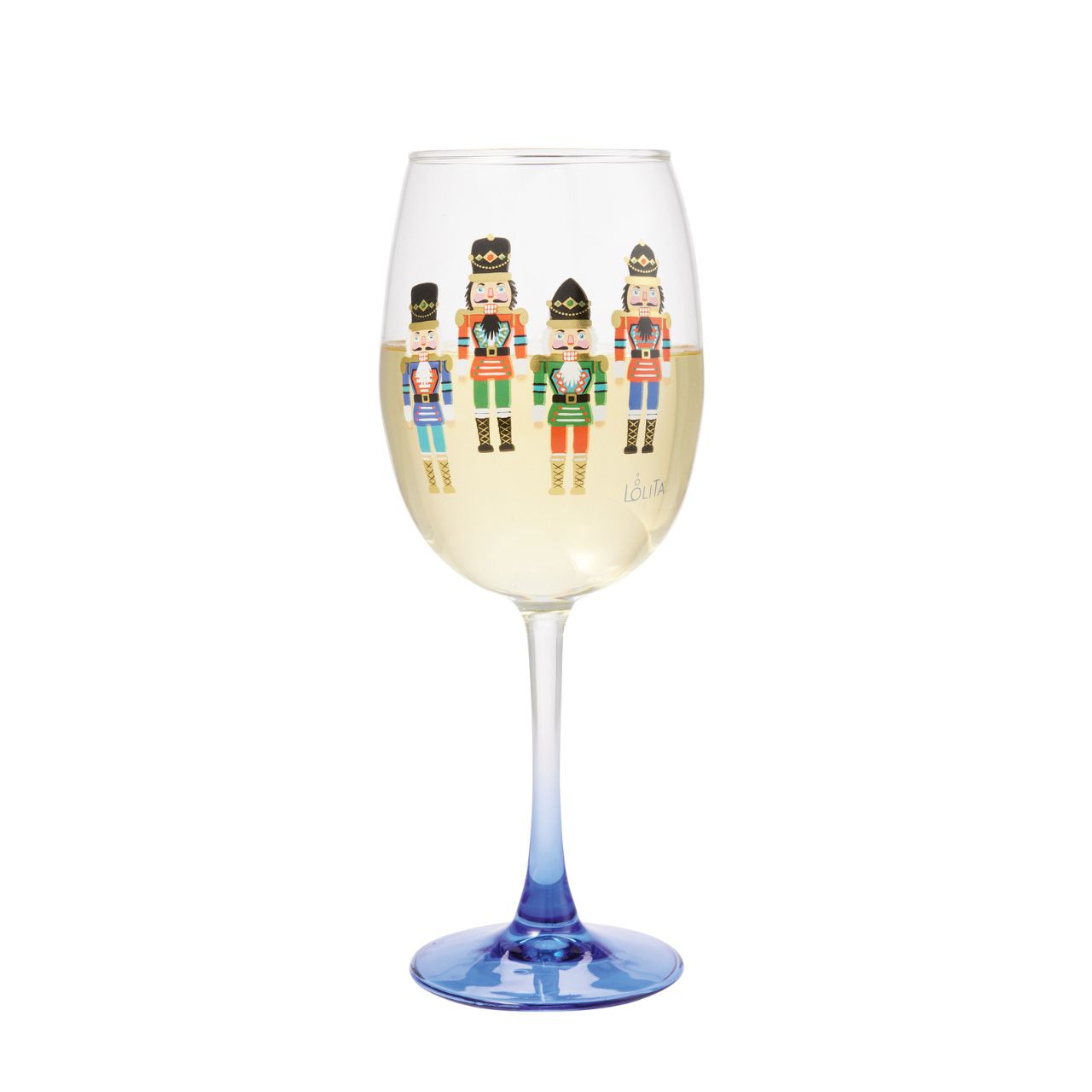 Toast to dances with sugar plum fairies with this Celebrations by Lolita glass, featuring a transparent gradient effect and nutcracker decal. Featuring four uniquely painted nutcrackers, this cool cup charges you with a festive evening of wine.