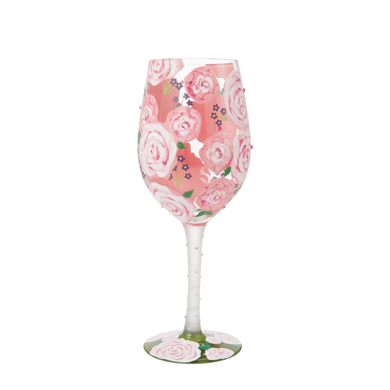 This picturesque wine glass from Lolita Designs brightens your beverage with beautiful blooms. With hand-painted pink roses and purple buds, this lovely cup comes to life with crystal ascents and tranquilizing colour.