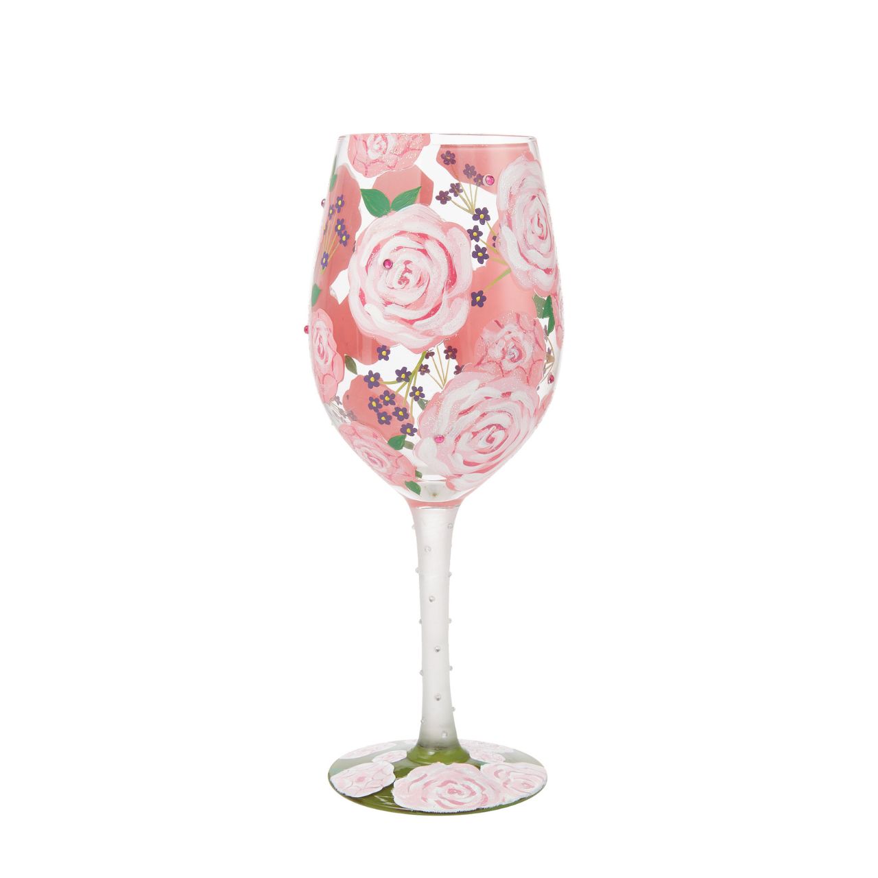 This picturesque wine glass from Lolita Designs brightens your beverage with beautiful blooms. With hand-painted pink roses and purple buds, this lovely cup comes to life with crystal ascents and tranquilizing colour.