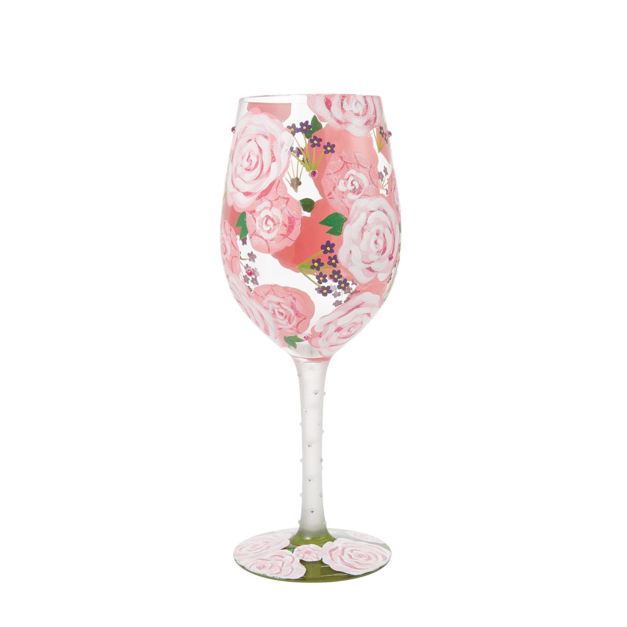 This picturesque wine glass from Lolita Designs brightens your beverage with beautiful blooms. With hand-painted pink roses and purple buds, this lovely cup comes to life with crystal ascents and tranquilizing colour.