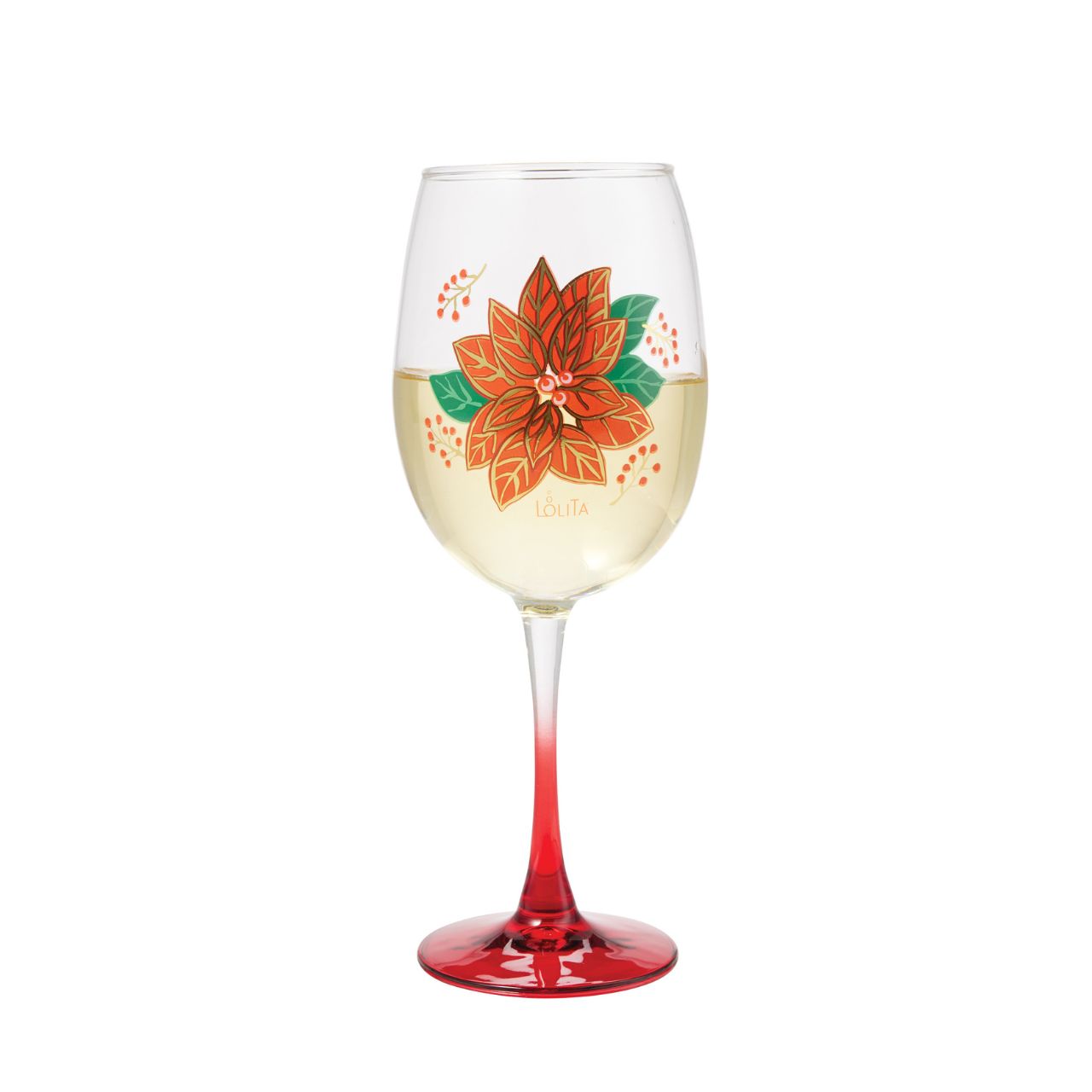 Toast to the holiday season with this Celebrations by Lolita wine glass, featuring a transparent gradient effect and poinsettia decal. Featuring a gorgeous poinsettia bloom this wine glass will elevate your evening with festive flair and warming hue.