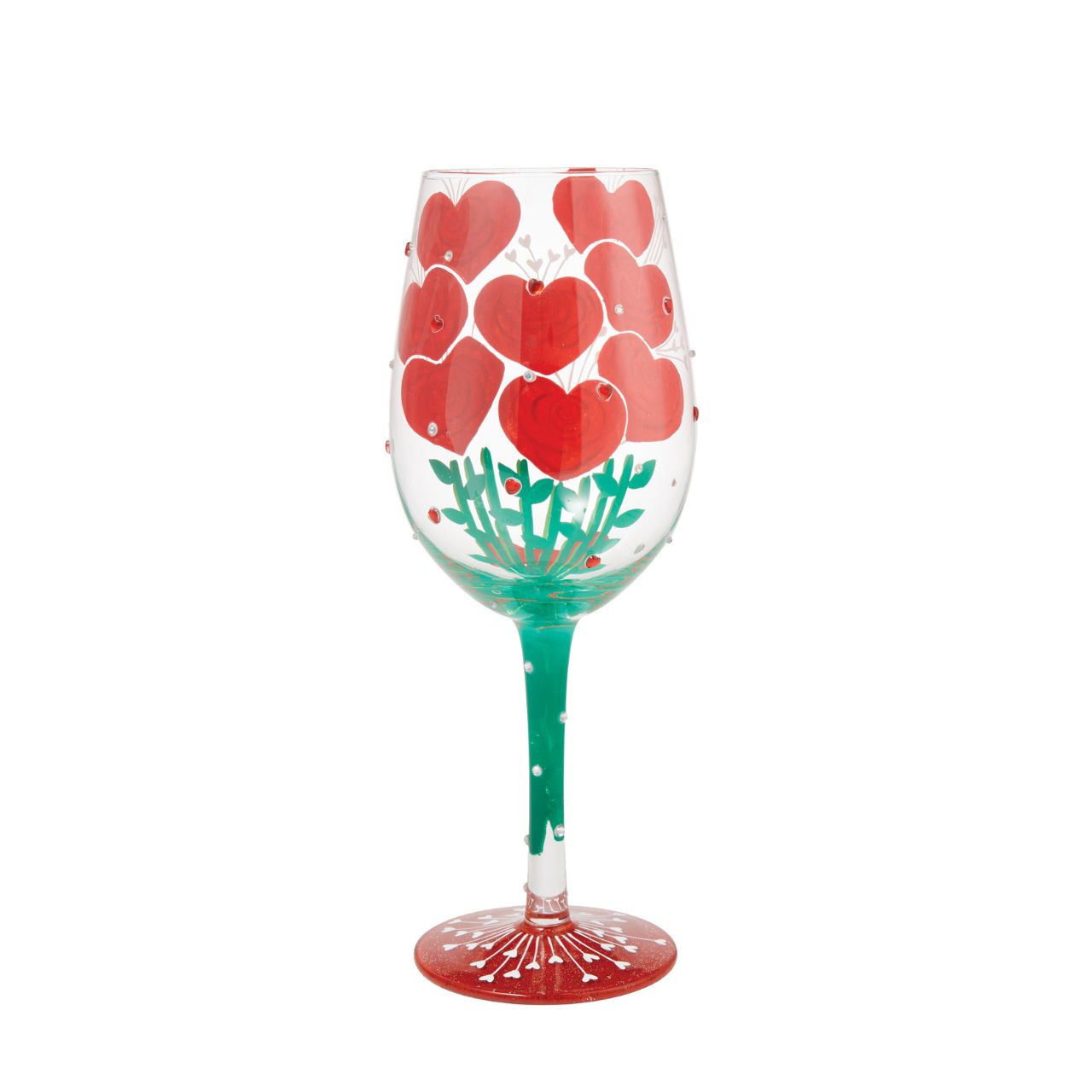 Elevate a romantic evening with this unique wine glass from Lolita showcasing a stunning bouquet of hand-painted red roses crafted into the shape of hearts.