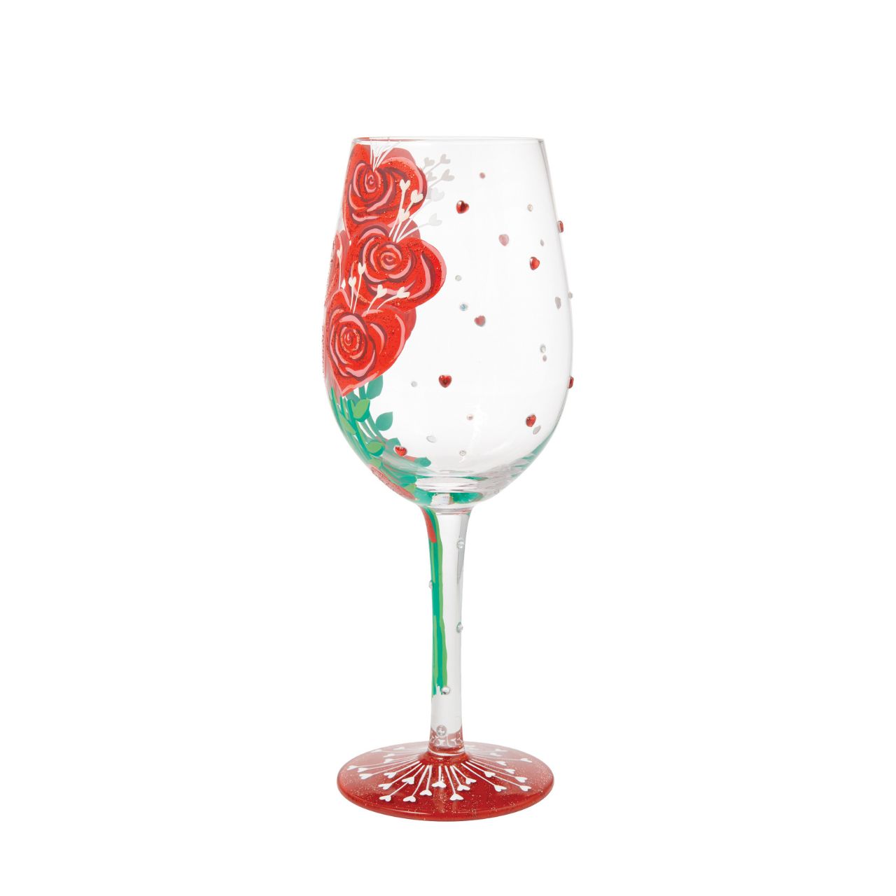Elevate a romantic evening with this unique wine glass from Lolita showcasing a stunning bouquet of hand-painted red roses crafted into the shape of hearts.