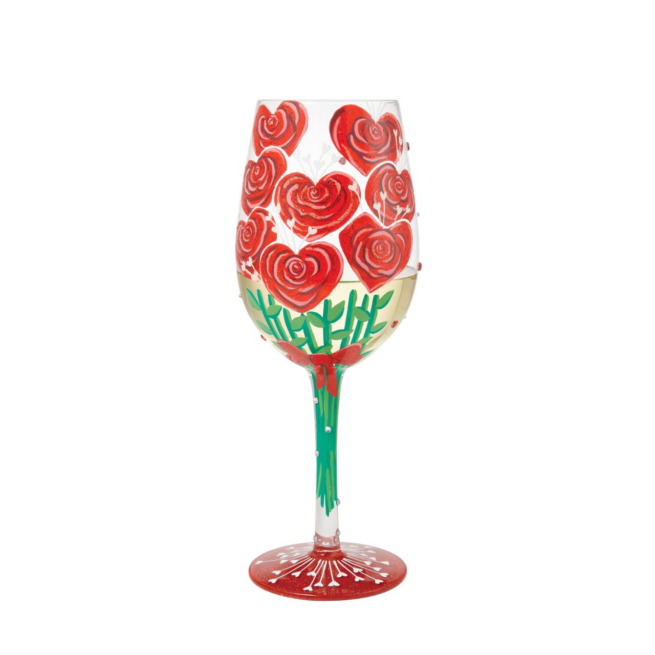 Elevate a romantic evening with this unique wine glass from Lolita showcasing a stunning bouquet of hand-painted red roses crafted into the shape of hearts.