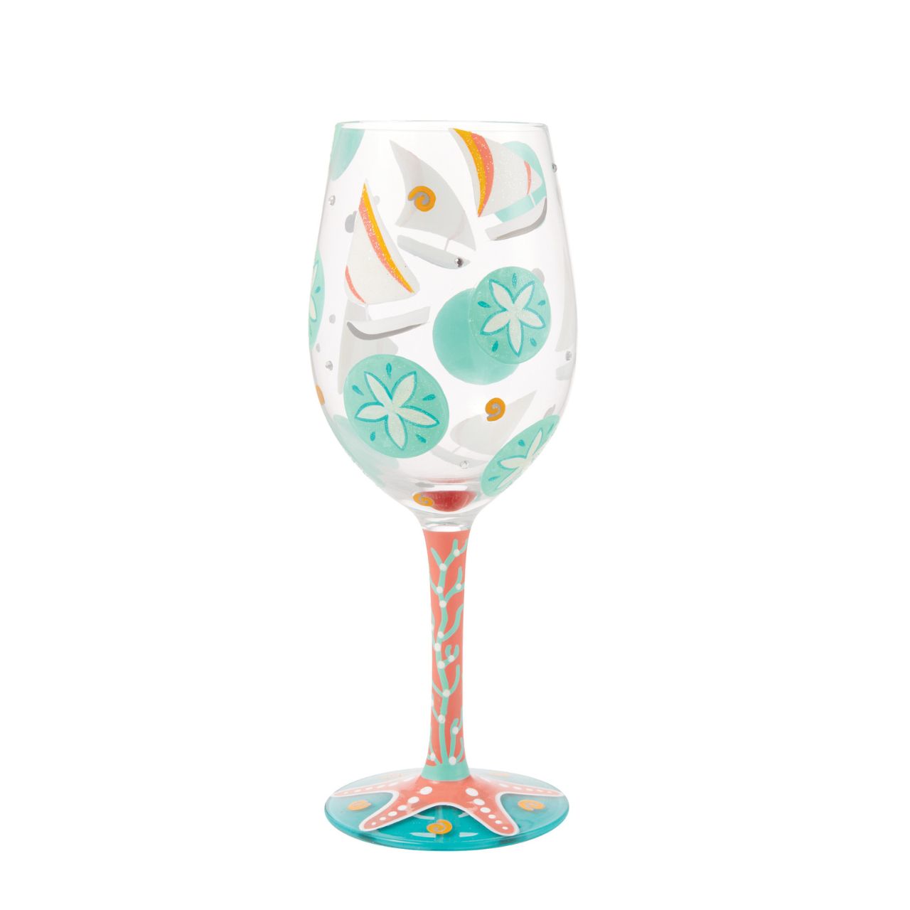 The Sailboats &amp; Sand Dollars Wine Glass by Lolita is a stunning Summer accessory, whether you're sailing or sunbathing| Bright blues combine with punchy coral pink to make a joyous ode to days at the beach.