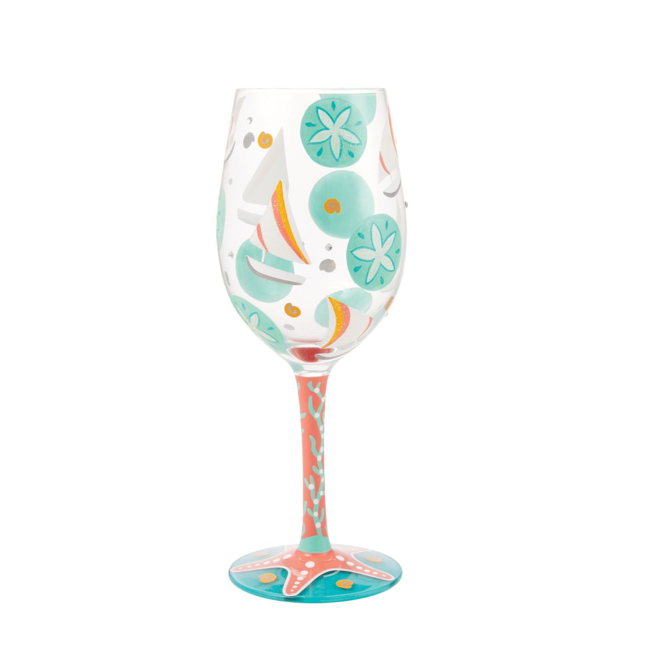 The Sailboats &amp; Sand Dollars Wine Glass by Lolita is a stunning Summer accessory, whether you're sailing or sunbathing| Bright blues combine with punchy coral pink to make a joyous ode to days at the beach.
