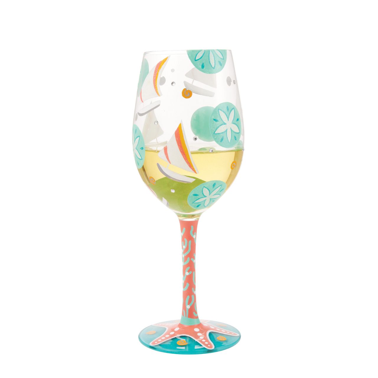 The Sailboats &amp; Sand Dollars Wine Glass by Lolita is a stunning Summer accessory, whether you're sailing or sunbathing| Bright blues combine with punchy coral pink to make a joyous ode to days at the beach.