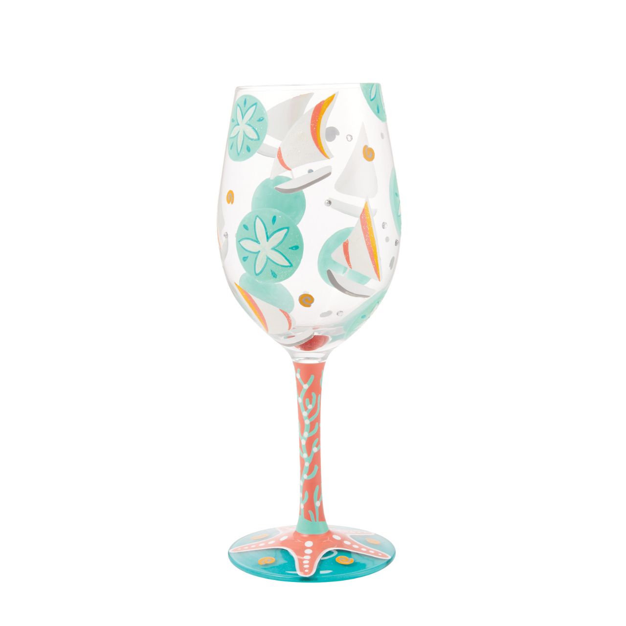 The Sailboats &amp; Sand Dollars Wine Glass by Lolita is a stunning Summer accessory, whether you're sailing or sunbathing| Bright blues combine with punchy coral pink to make a joyous ode to days at the beach.