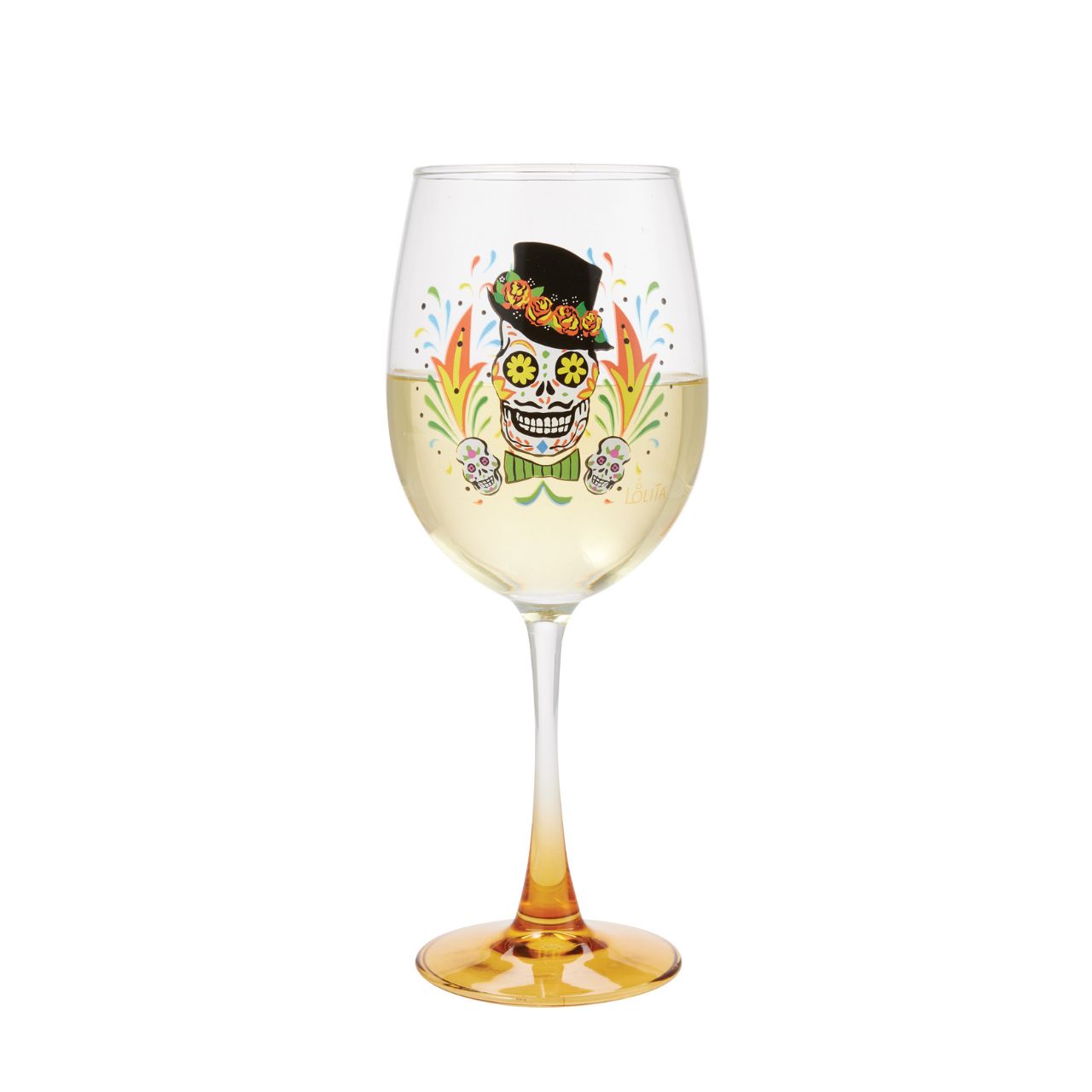 Toast to the dead with a Celebrations by Lolita glass, featuring a transparent gradient effect and a sugar skull decal. Featuring a fantastically painted sugar skull wearing a top hat fitted with flowers, this Day of the Dead glass celebrates in style. This Lolita glass comes in an acetate gift box.