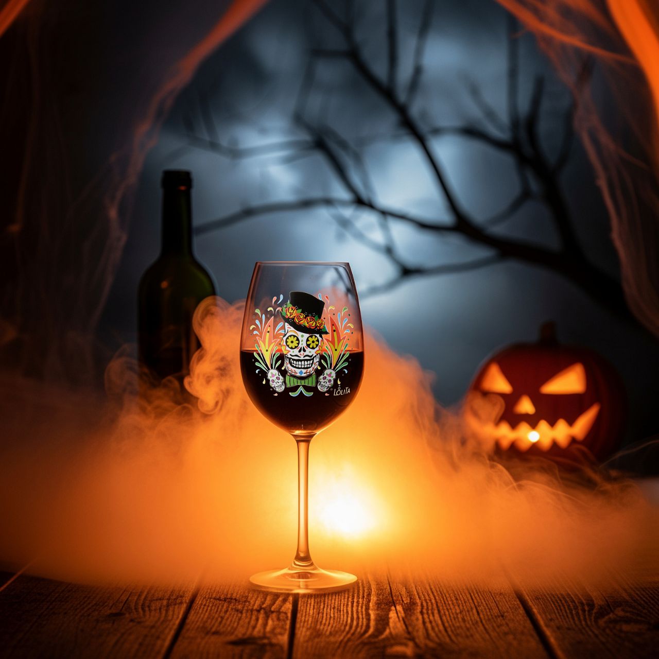 Toast to the dead with a Celebrations by Lolita glass, featuring a transparent gradient effect and a sugar skull decal. Featuring a fantastically painted sugar skull wearing a top hat fitted with flowers, this Day of the Dead glass celebrates in style.