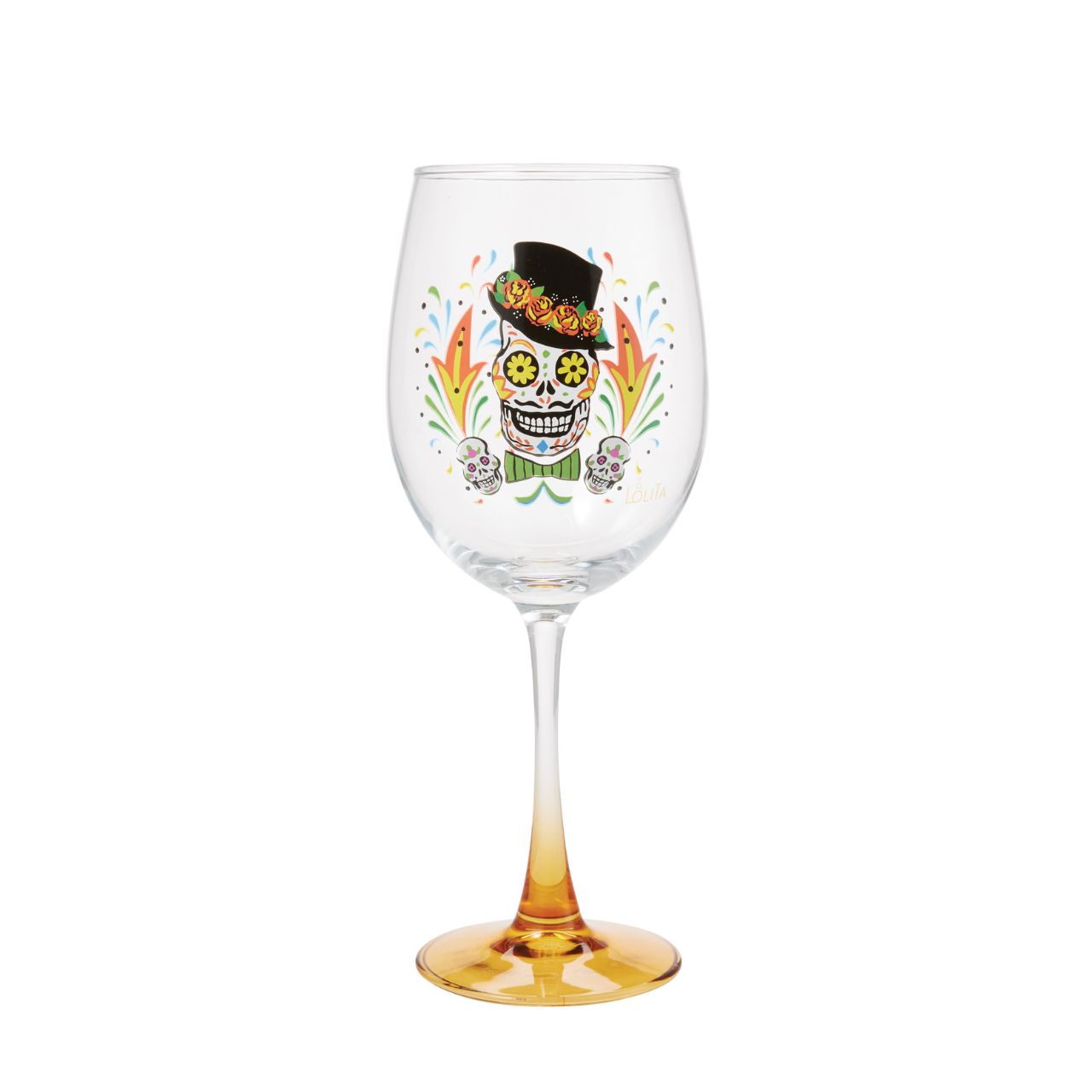 Toast to the dead with a Celebrations by Lolita glass, featuring a transparent gradient effect and a sugar skull decal. Featuring a fantastically painted sugar skull wearing a top hat fitted with flowers, this Day of the Dead glass celebrates in style. This Lolita glass comes in an acetate gift box.