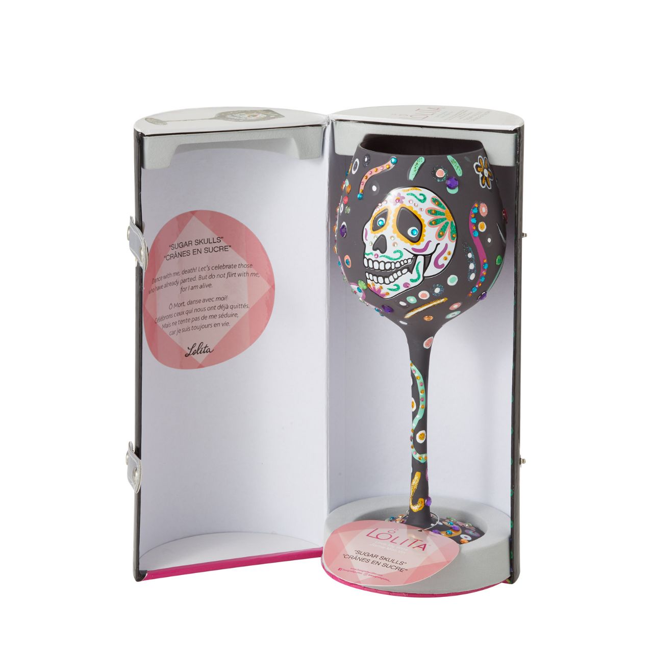 The Sugar Skull is used as a symbol of celebration to honour the lost. Toast to those gone with this spooktacular superbling wine glass. Guaranteed to fill your Halloween night's festivities with just the right combination of spellbinding and spooky. Hand wash only. Securely packaged in a beautiful, decorative gift box.