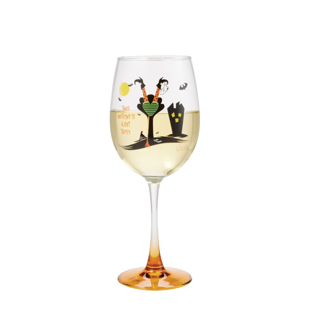 Toast to spookiness with this Celebrations by Lolita glass, featuring a gradient effect and a tipsy witch decal. Featuring a face planted witch with a broomstick and bats, this witchy's a bit tipsy and hopes you'll join her for a wicked wine night.