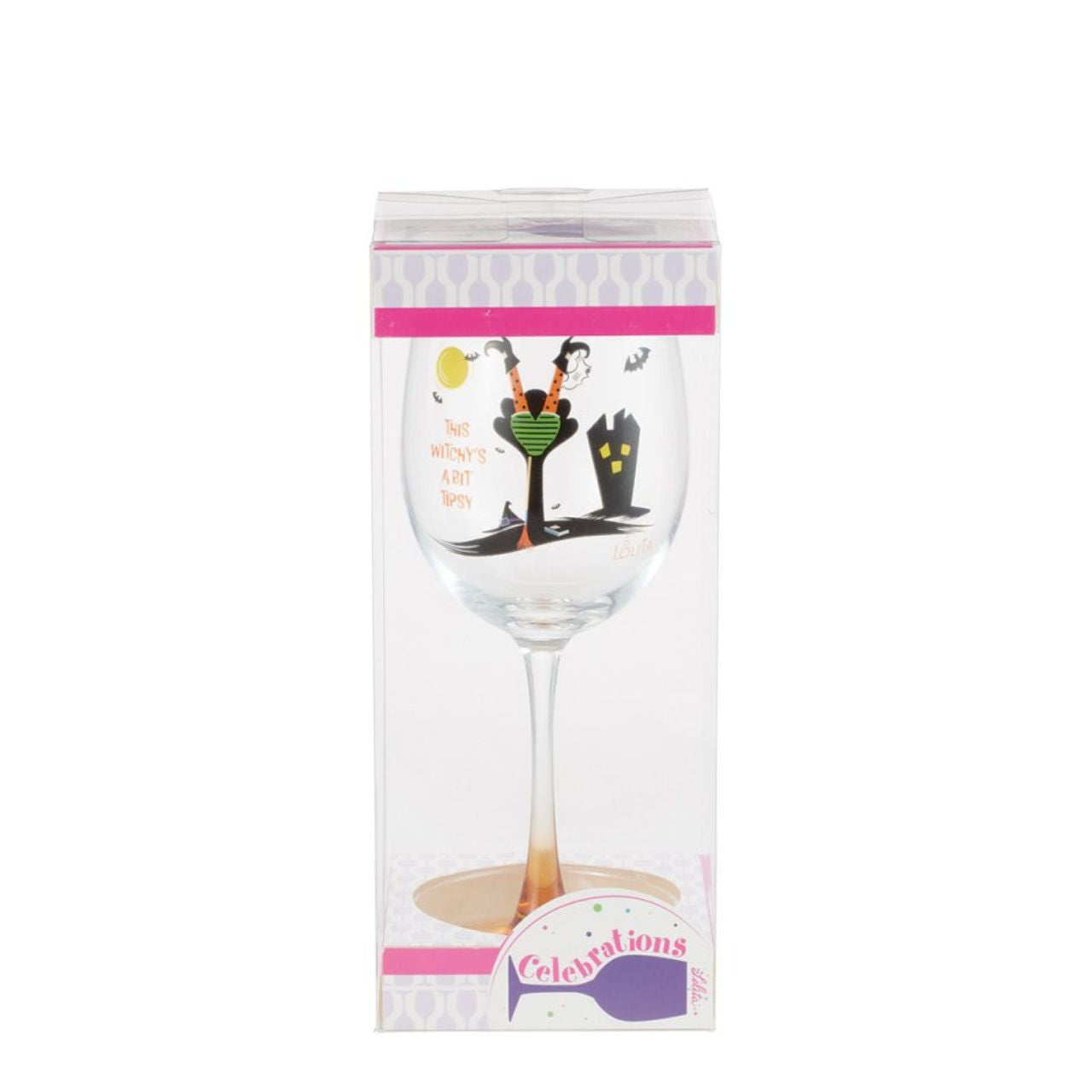 Toast to spookiness with this Celebrations by Lolita glass, featuring a gradient effect and a tipsy witch decal. Featuring a face planted witch with a broomstick and bats, this witchy's a bit tipsy and hopes you'll join her for a wicked wine night.