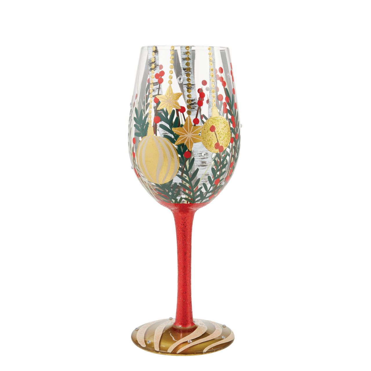 Visions of Christmas Birch Wine Glass by Lolita   Take a Christmas walk with our Visions of Birch Wine Glass by Lolita. Surrounded by beautifully decorated Christmas branches, a full red glittered stem and a gold Christmas bauble on the bottom of the glass this wine glass radiates Christmas all year round.