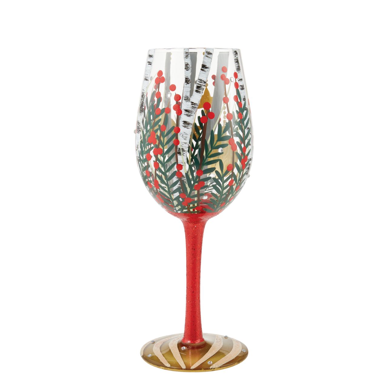 Visions of Christmas Birch Wine Glass by Lolita   Take a Christmas walk with our Visions of Birch Wine Glass by Lolita. Surrounded by beautifully decorated Christmas branches, a full red glittered stem and a gold Christmas bauble on the bottom of the glass this wine glass radiates Christmas all year round.