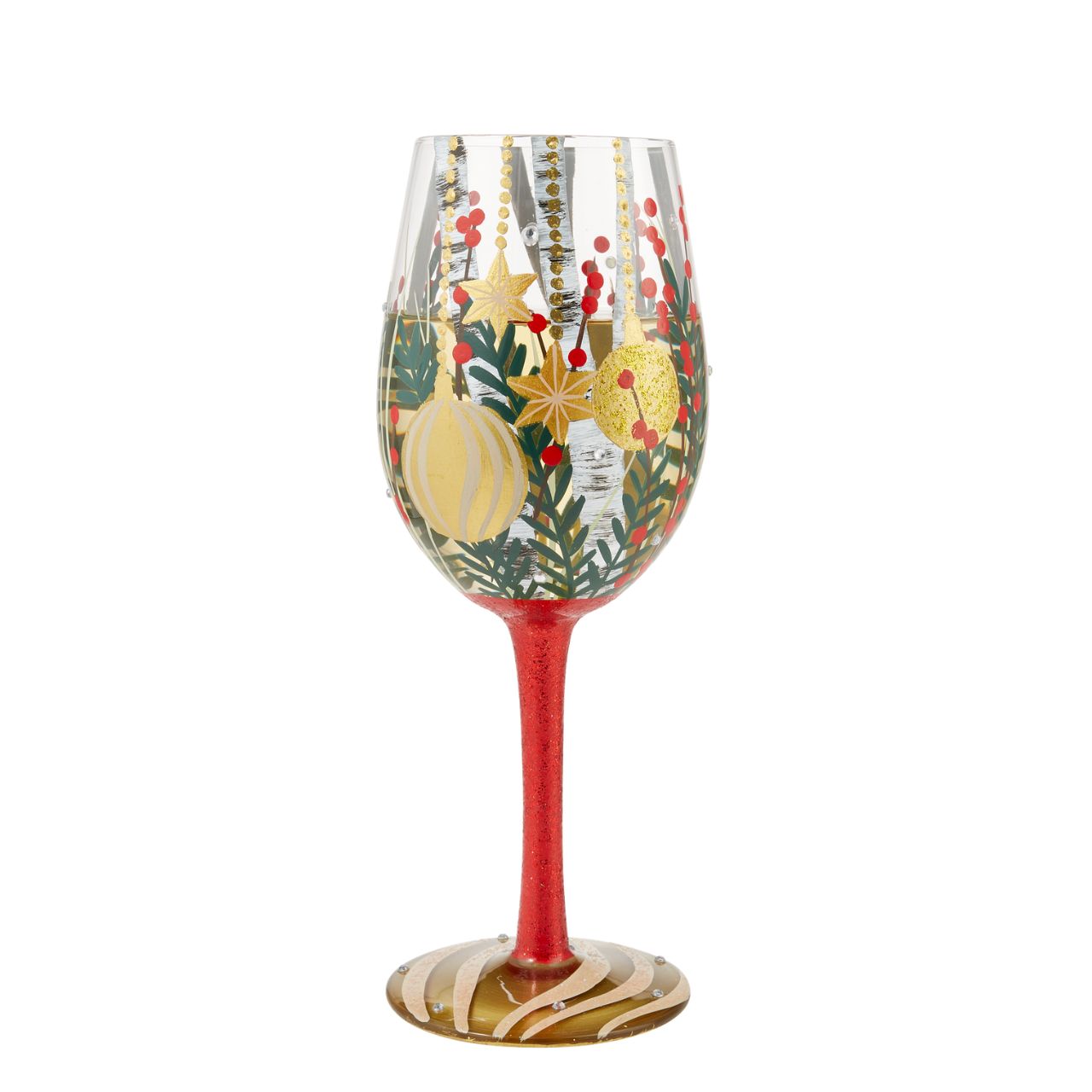 Visions of Christmas Birch Wine Glass by Lolita   Take a Christmas walk with our Visions of Birch Wine Glass by Lolita. Surrounded by beautifully decorated Christmas branches, a full red glittered stem and a gold Christmas bauble on the bottom of the glass this wine glass radiates Christmas all year round.