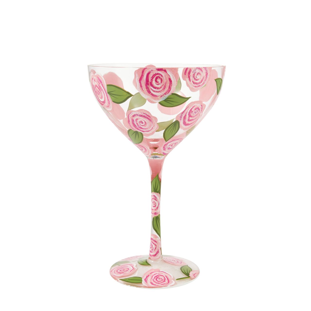 Celebrate Lolita's anniversary with our Vodka Rose Punch Cocktail Glass. A beautiful reminder of how Lolita first started Designs by Lolita. This particular beautiful floral design has pink roses surrounding the whole glass with green leaves. A beautiful design perfect for spring/summer. Try Lolita's Vodka Rose Punch cocktail on the base of the glass.