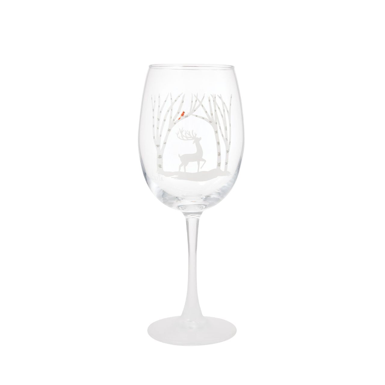 Toast to snow days with this Celebrations by Lolita glass, featuring a transparent gradient effect and a nature decal. Featuring a silhouetted stag trotting through the snow, a red cardinal warms the white winter scene and your new favourite winter glass.